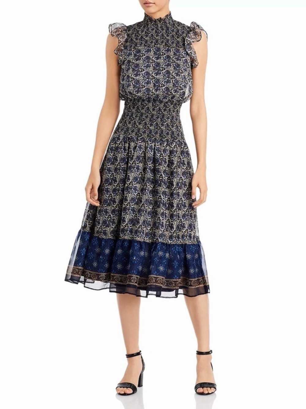 AQUA Midi Dress Size Medium Navy Blue Chiffon Smocked Waist Flutter Cap Sleeve